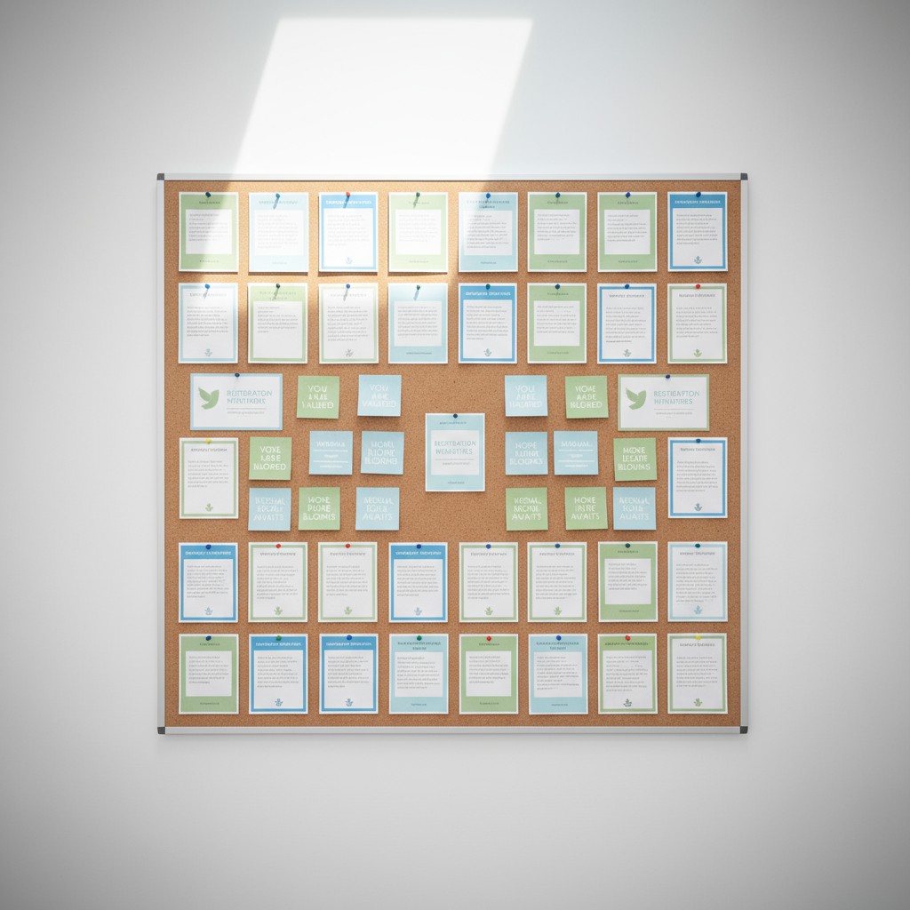 A bulletin board displaying numerous inspirational quotes from Restoration Ministries. The background is out of focus, but...