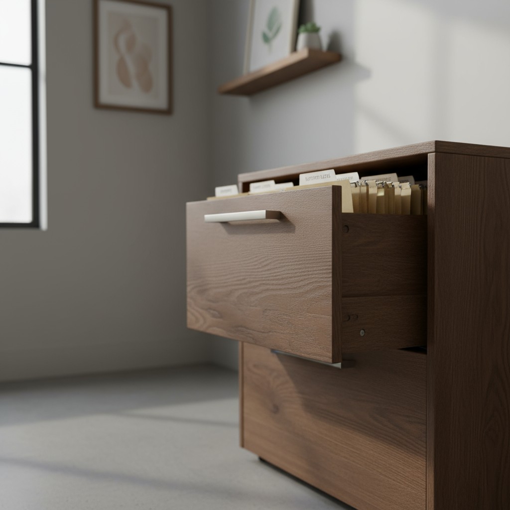 A wooden filing cabinet, featuring a single drawer, is situated in a room with a window and light-colored walls. The cabin...