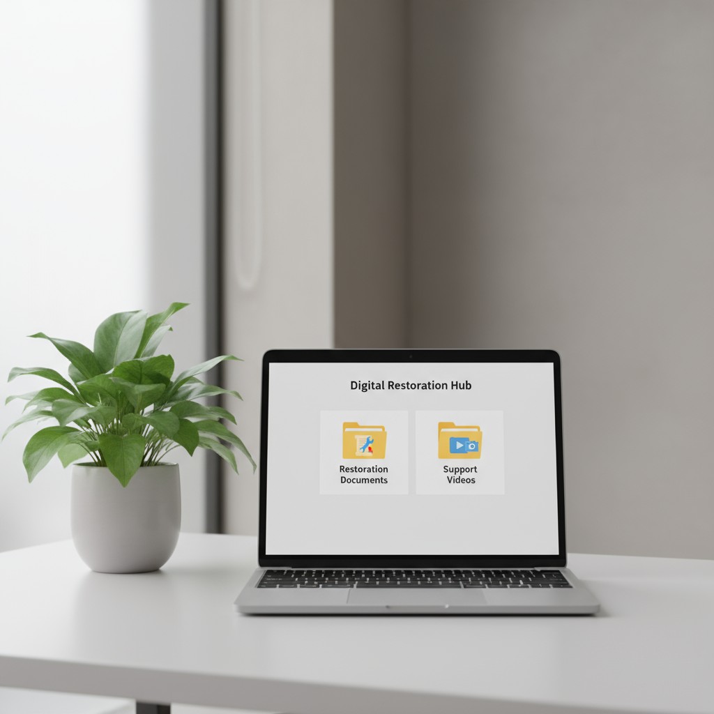 Laptop displaying digital restoration hub with restoration documents and support videos icons, on a white table beside a p...